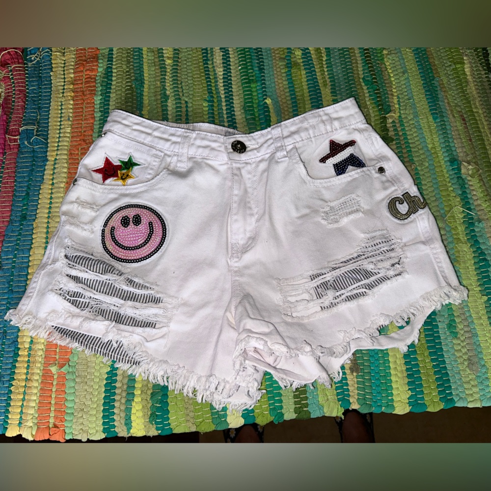 Go Go Jeans USA White Patchwork Emoji Distressed High Waist Denim Jean Shorts